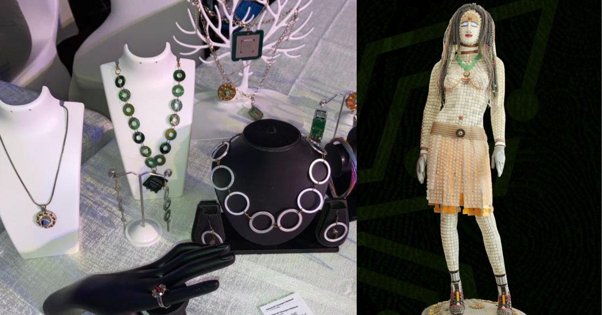 Eco-jewelleries and a six-foot tall sculpture made from upcycled computer keyboard keys on a mannequin.