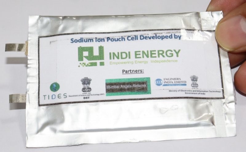 Sodium-ion pouch cell developed by Indi Energy. These batteries are made from farm waste.