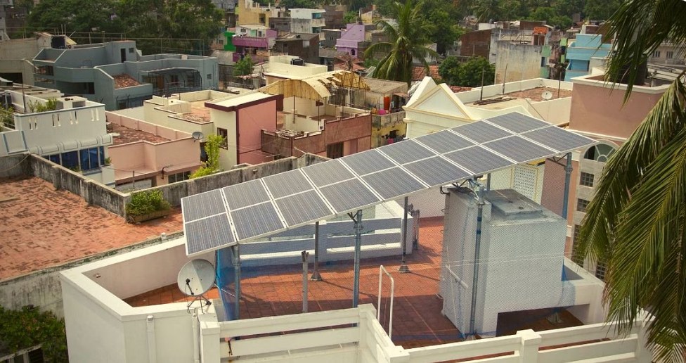 The solar panel system on Brahmanand's rooftop powers their entire home and its appliances.