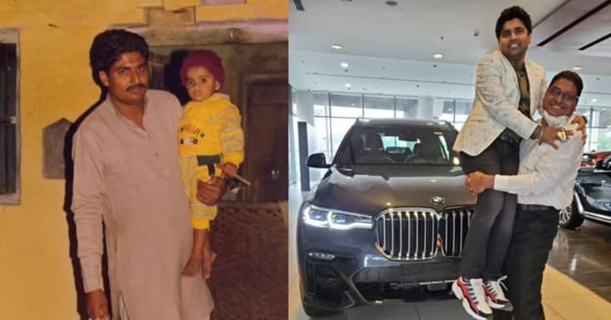 Abhinay bersama ayahnya semasa kecil dan saat membeli mobil mewah. 