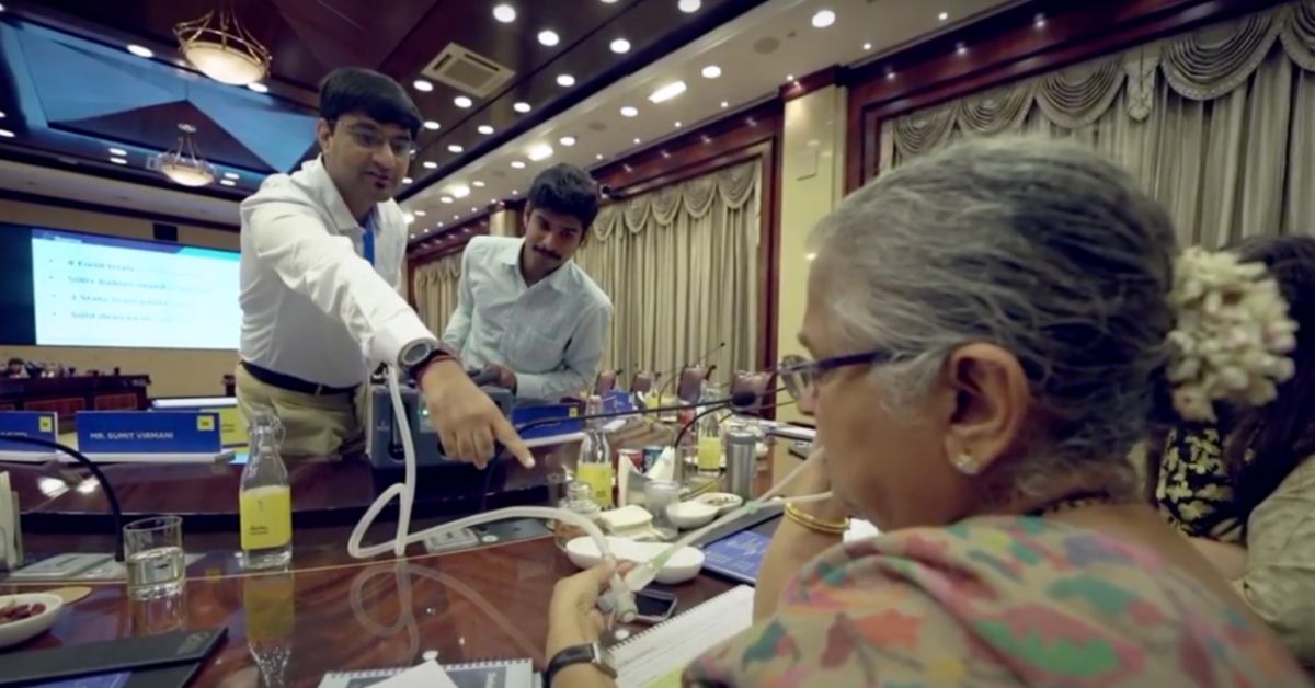 engineer nitesh kumar jangi explains breathing device innovation saans to infosys chairperson sudha murty 