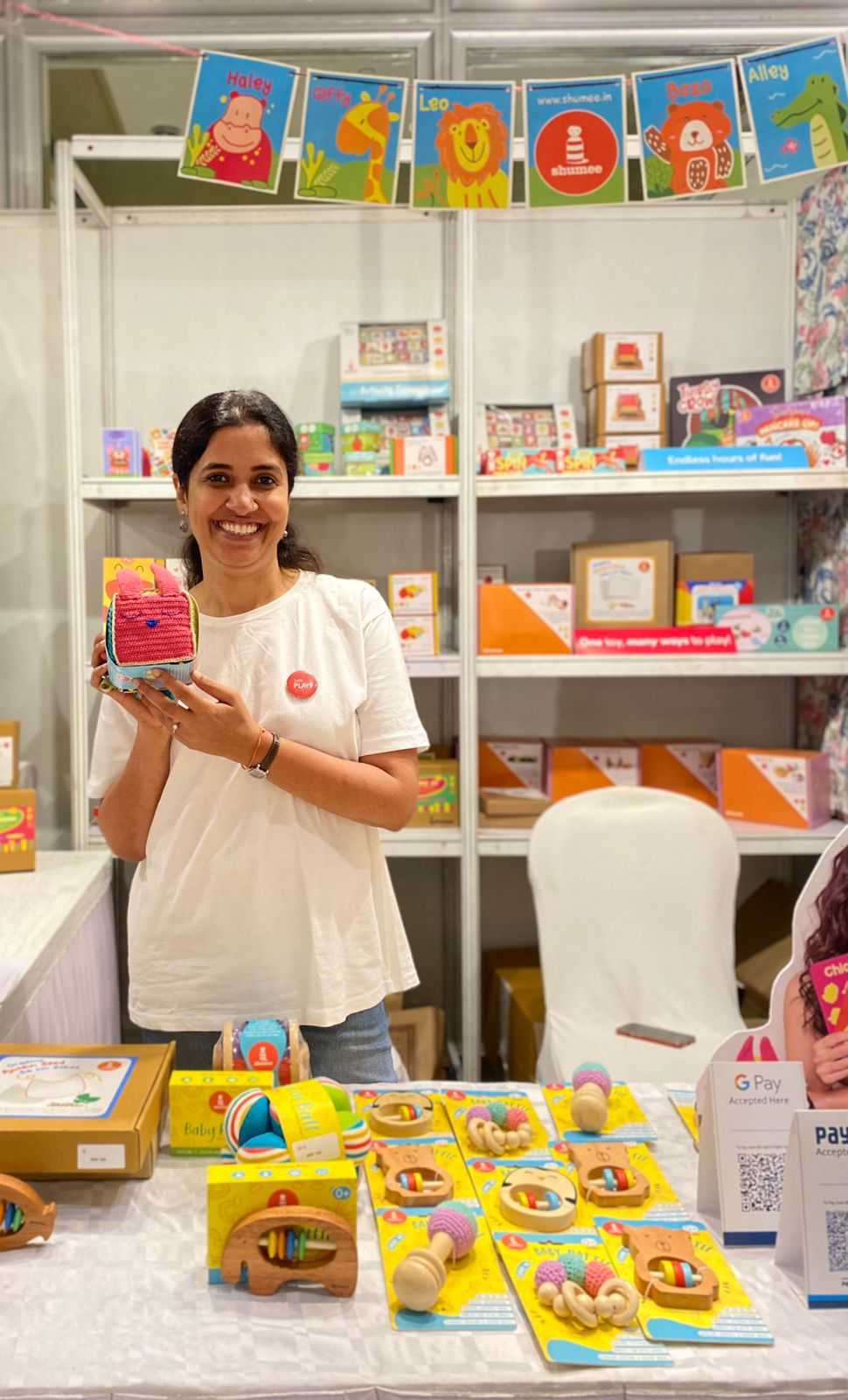 Meeta with the range of toys she has curated as part of Shumee