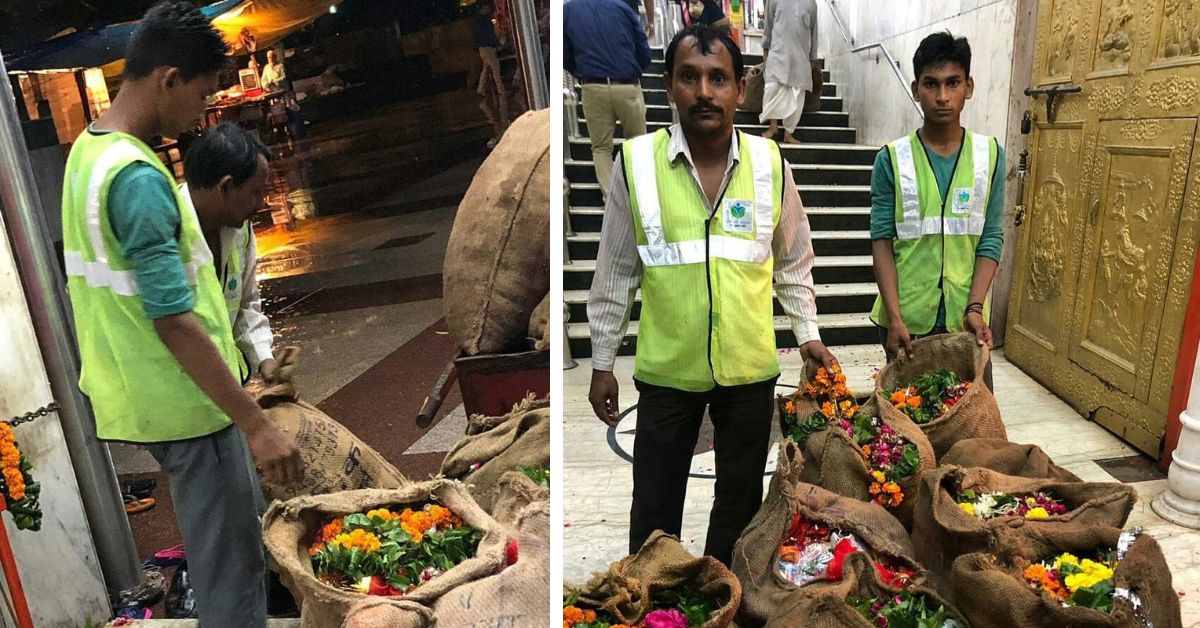 His team of 50 workers collects and sorts flowers from temples.