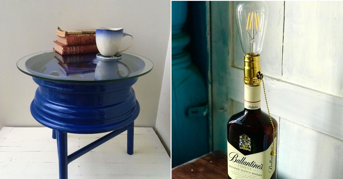 Renjini upcycles glass bottles to make a variety of home decor items. 