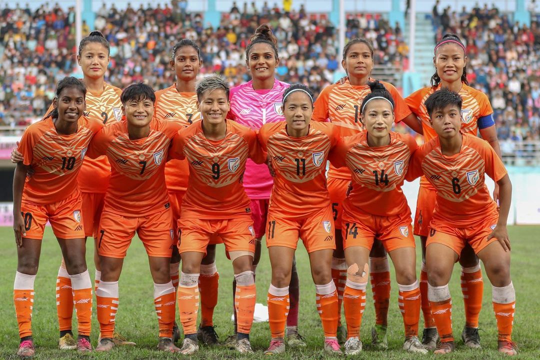 Indian women's football team with Aditi Chauhan leading the way