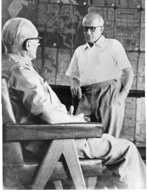 Le Corbusier, the town planner of Chandigarh in conversation with Pierre Jeanneret, the inventor of the Chandigarh Chairs