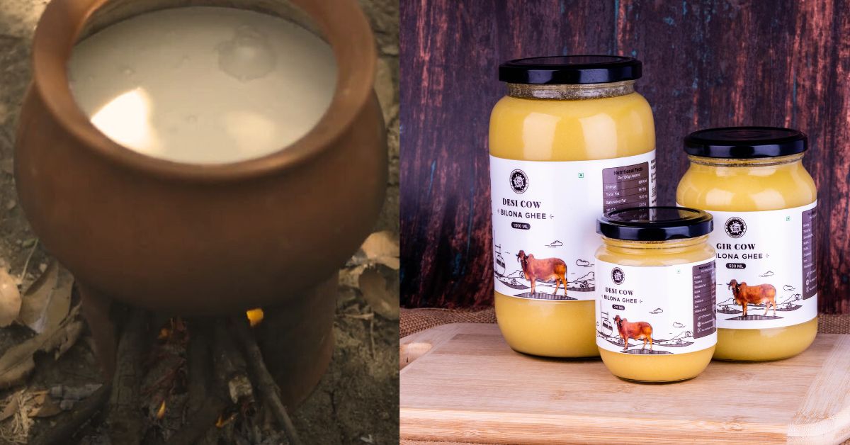 Ghee (clarified butter) is made in an earthen pot heated over a slow wooden fire.