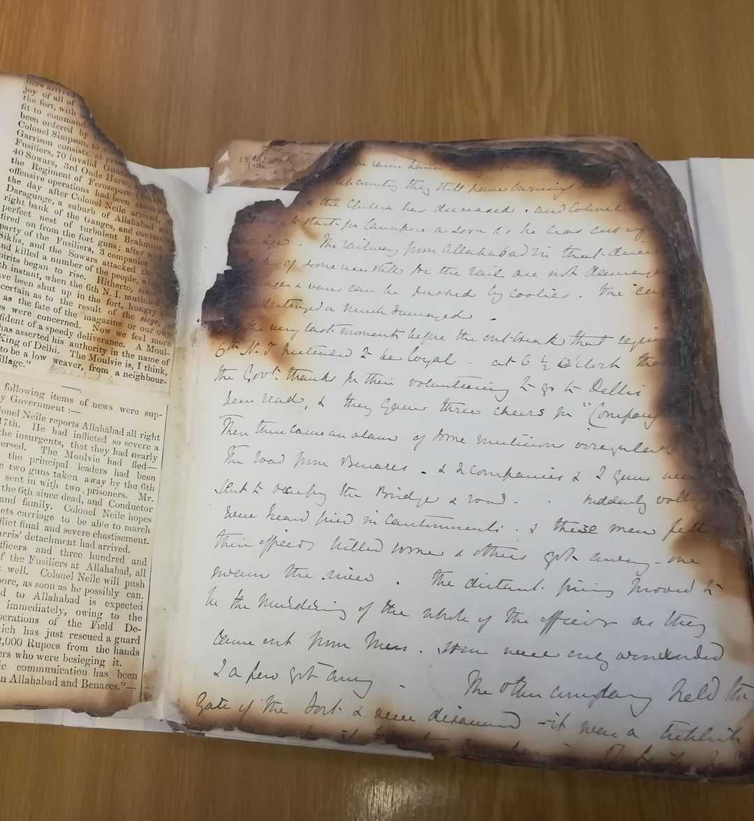 The singed pages of Lady Charlotte Canning's diary that were recovered post the fire