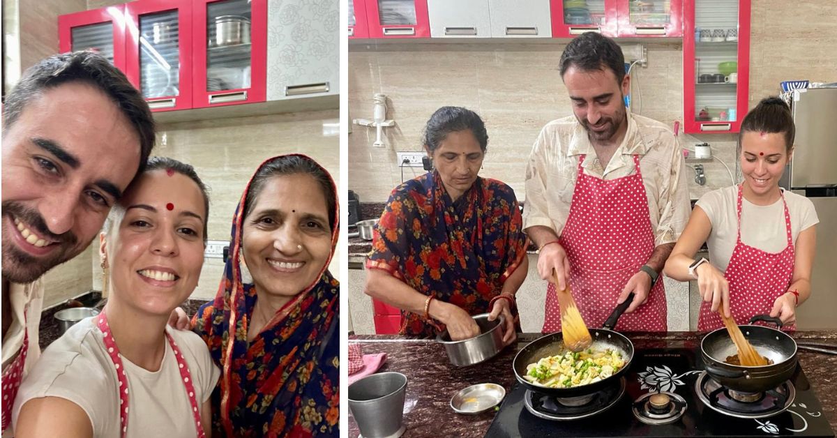 Daniel Cuenca and his wife Maria Naharro learning to cook Indian delicacies from Shashi. 