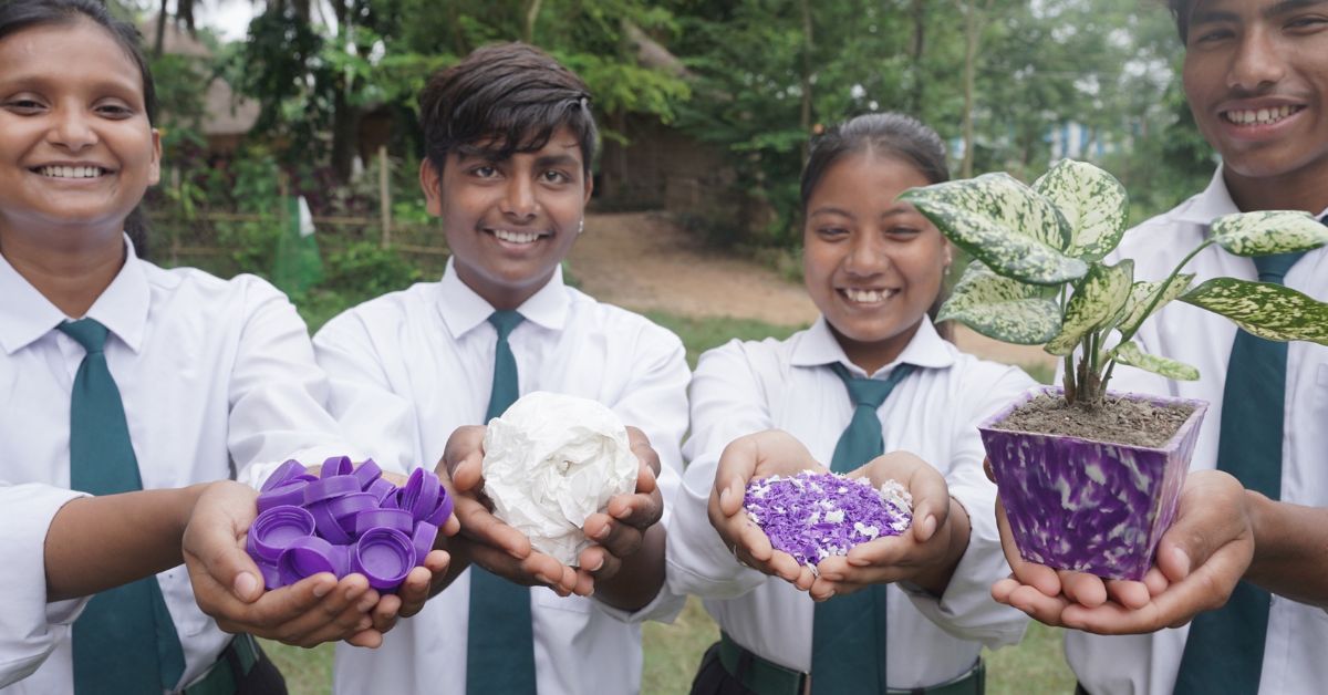 The kids bring 25 pieces of plastic every week as fees for the school.