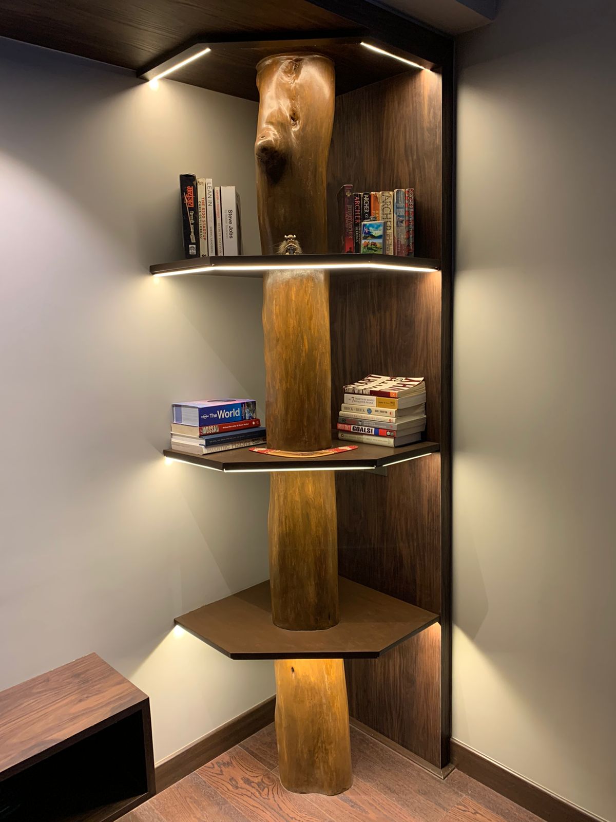 A book shelf made with using a reclaimed piece of wood.