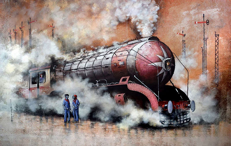 The locomotive paintings are an ode to Kishore's childhood memories