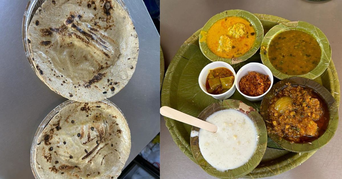 A typical Rajasthani thali with bejad ki roti, aloo pyaaz paneer sabzi, gatte ki sabzi, dal tadka, mirchi ke Tipore, lehsun chutney, and raita.