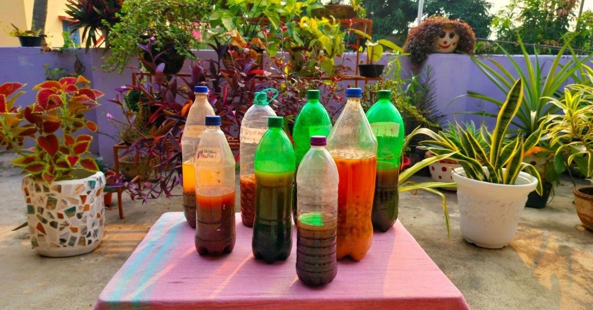 Nita makes bio enzymes from neem leaves, marigolds, orange peels, lemons, and bananas.