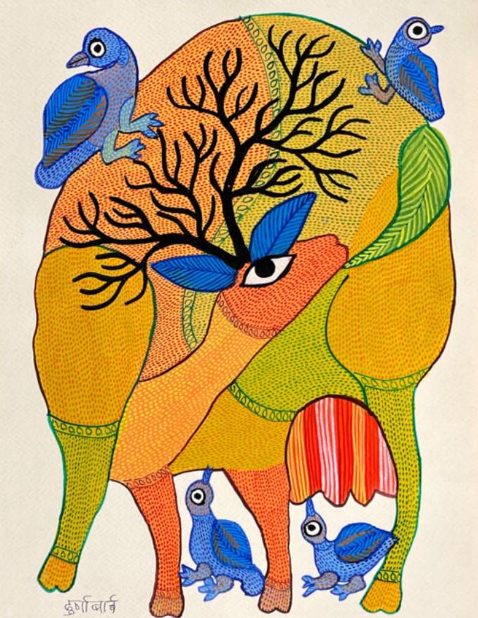 Durgabai's paintings are centred around nature and Gond myths