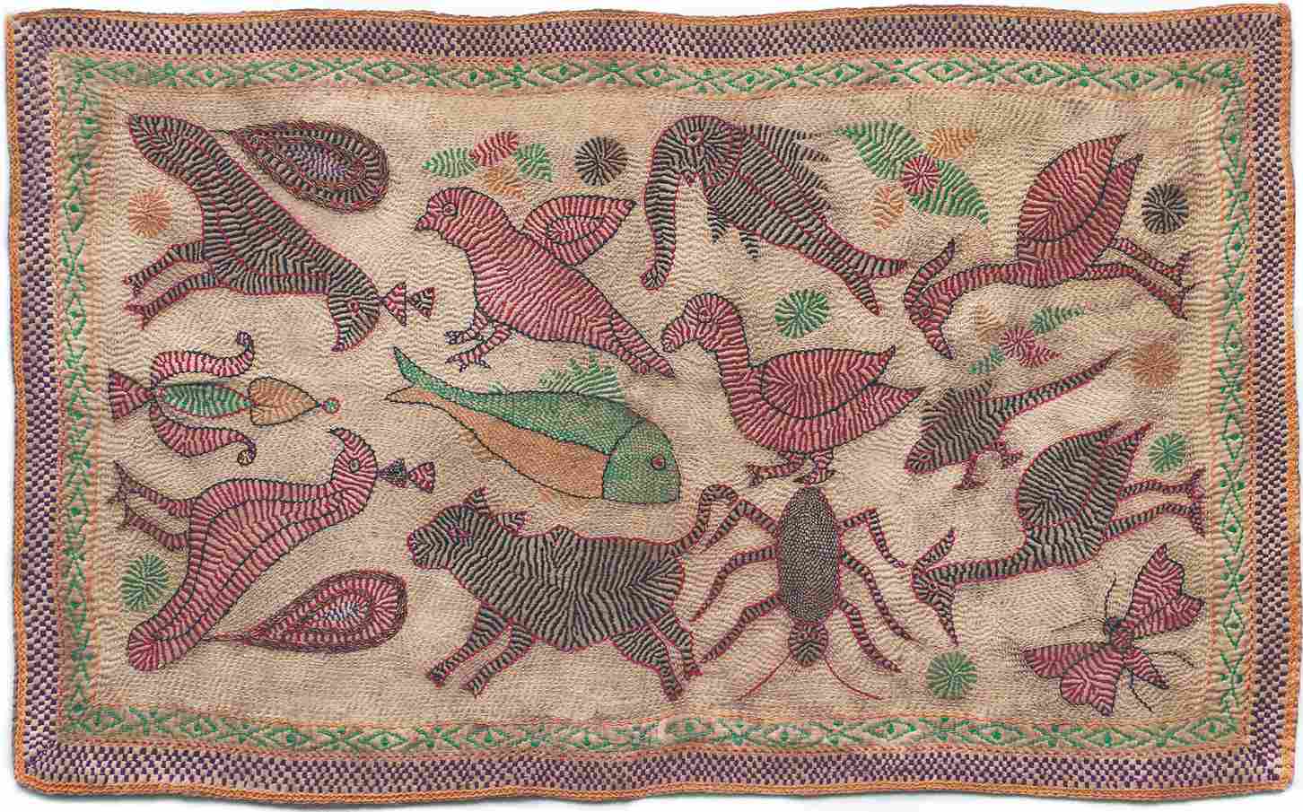 Kantha: Embroidered and quilted with the design of birds and animals, Cotton, West Bengal