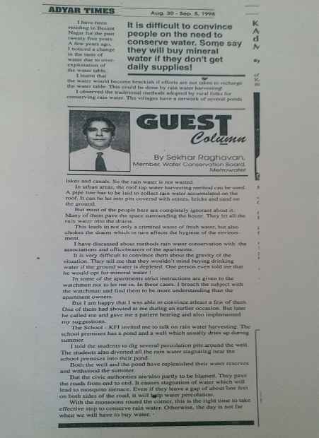 The newspaper clipping of Sekhar's article. Credit: Sekhar Raghavan, Akash Ganga Rain Centre 