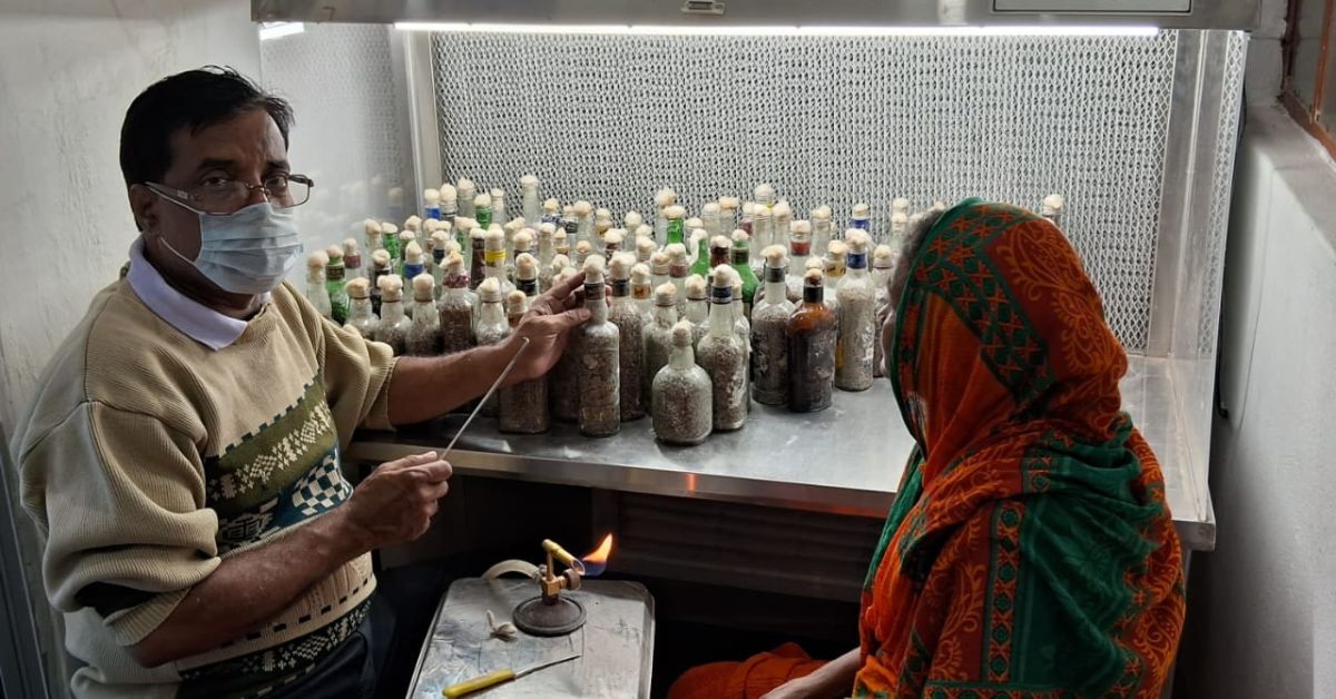 Every day, Santosh is able to produce 2,000 bottles of spawn.