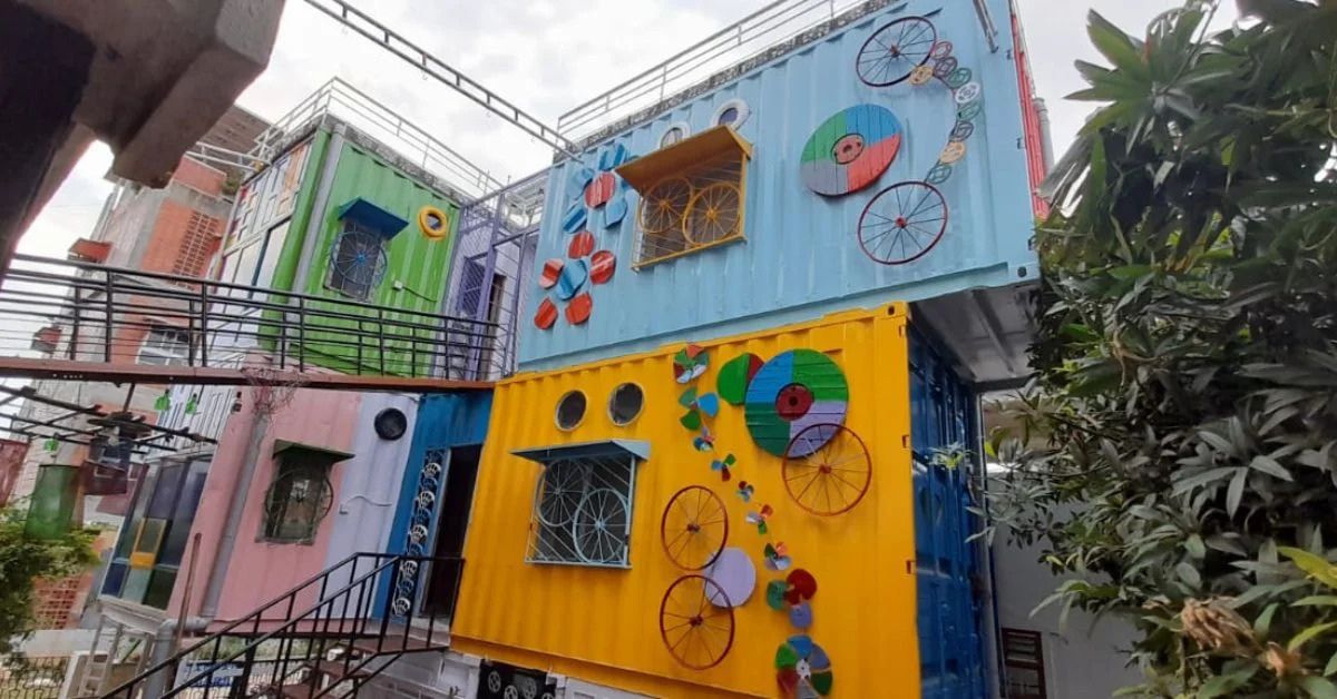 The home is built using recycled tins and shipping containers sourced from cargo companies
