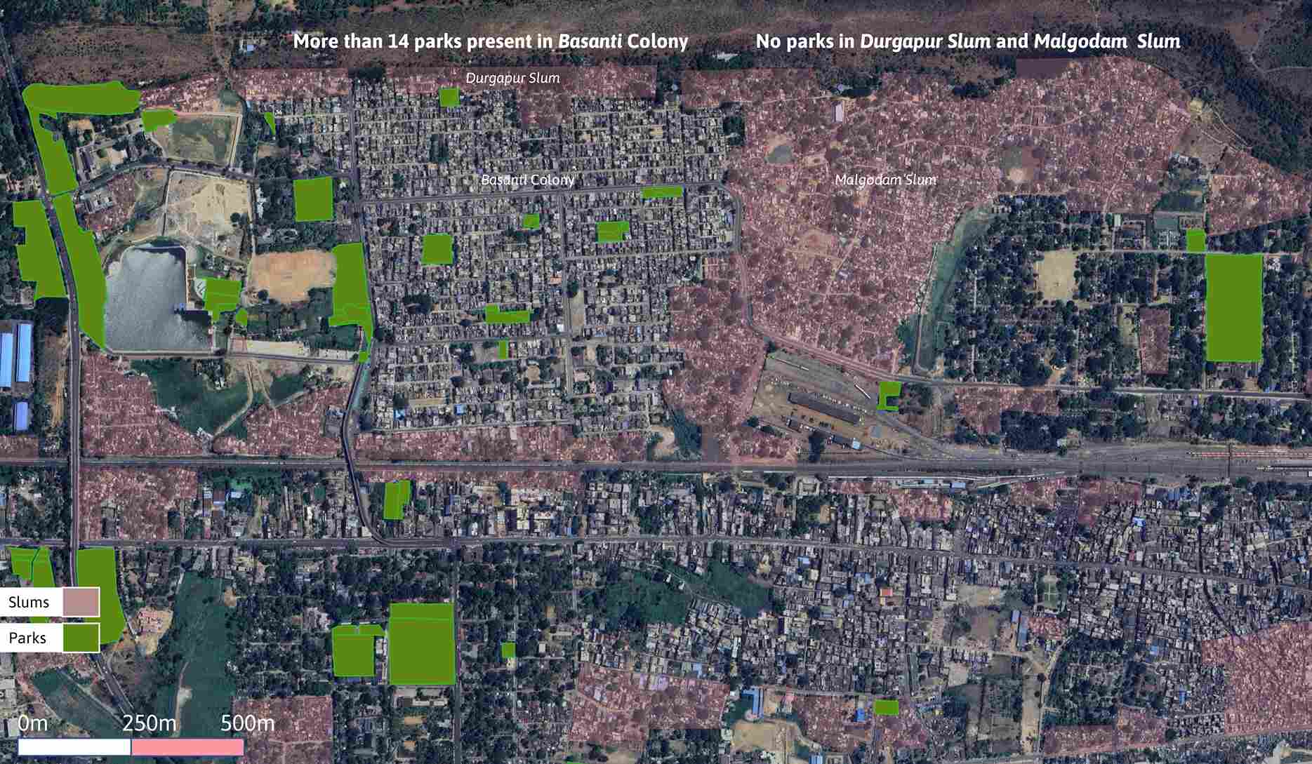 Unequal distribution of parks in these slums vis-a-vis the affluent colonies in Rourkela. 
Mapping by Arunima Saha/WRI India. 