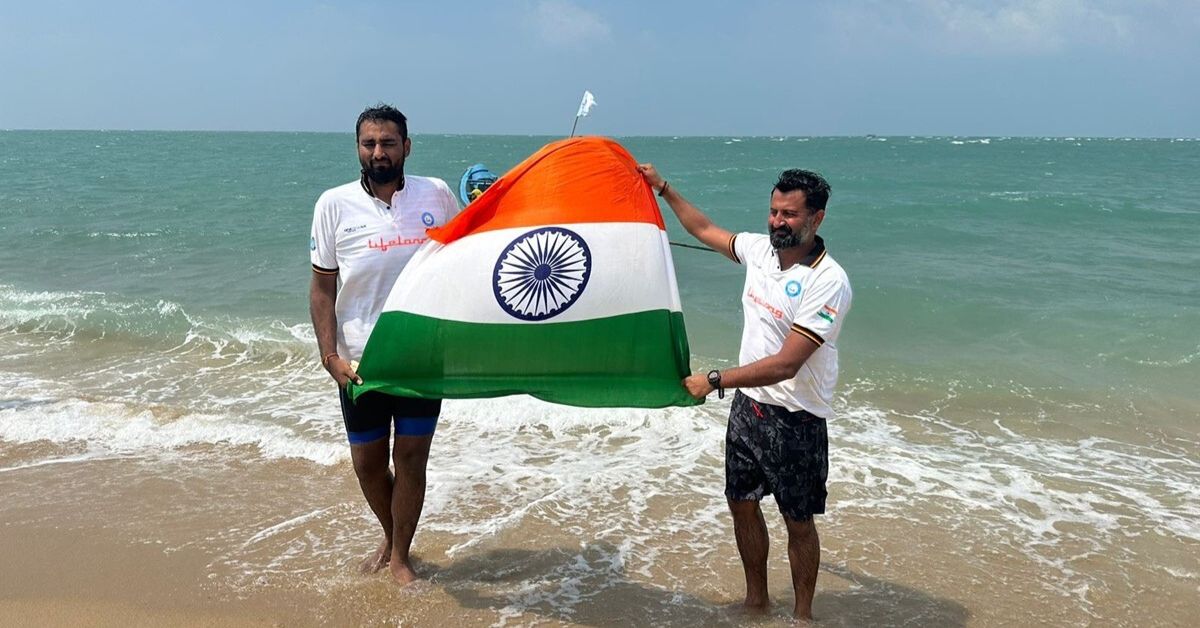 Bharat Sachdeva and Shaaswat Sharma swam non-stop across the challenging 32 km stretch near the Ram Setu in 10 hours 30 minutes.