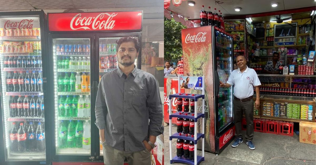 Retail business owners with Coca-Cola coolers in their kirana stores