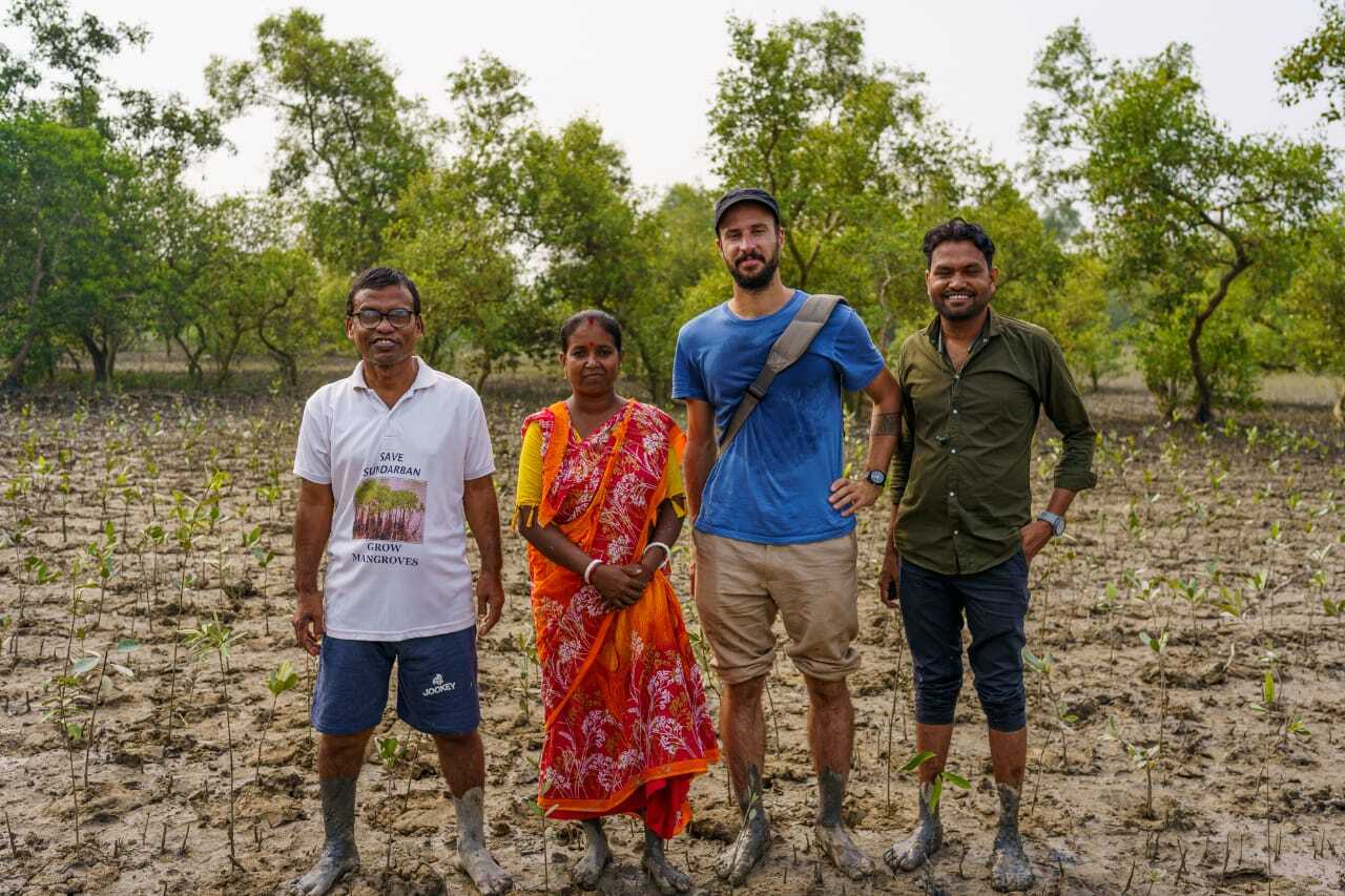 Akul Biswas (extreme left) has been conserving mangroves as head of the Jharkhali Sabuj Bahini.