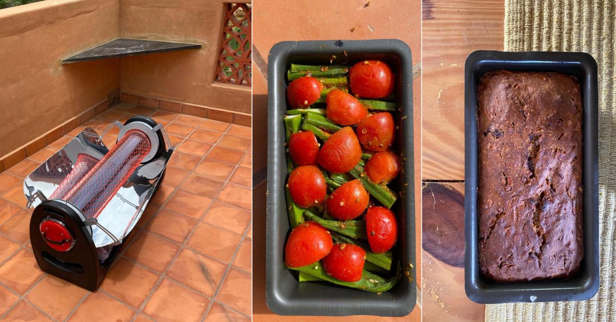 Reva uses the solar cooker to cook regular vegetables and lentils, baking cakes, roasting peanuts, and more.