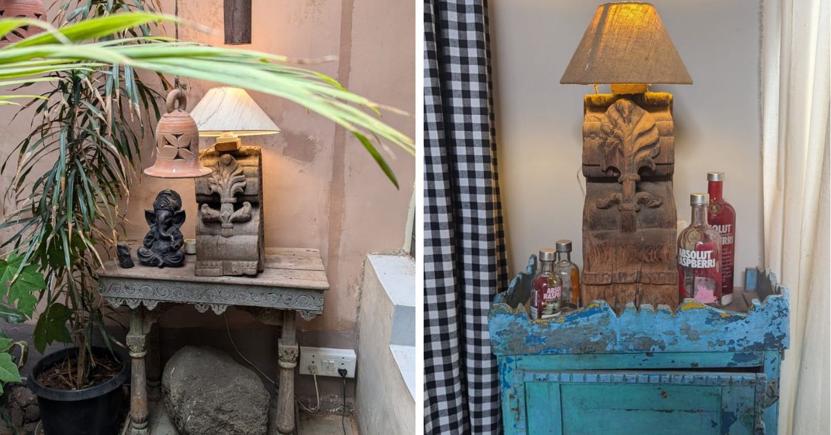 The lamps and other decor at Adiem Kaanan Farmstay in Nashik, are made of recycled wood, 