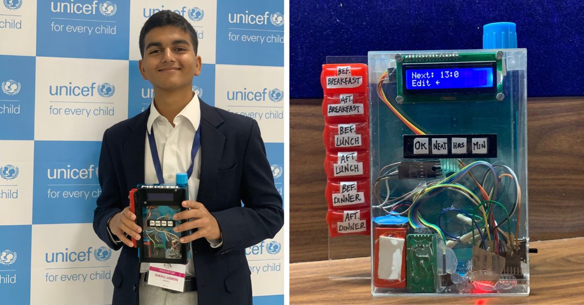Nikhil's innovation Meditel is a multi-functional alarm system that has a pill organiser and water bottle as well