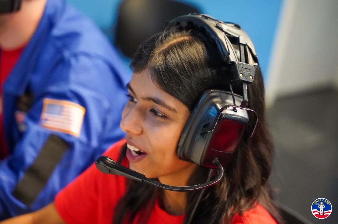 Students get to work on three space missions, the first of which was a Low-Earth Orbit (LEO) mission. Here, Geet is training as the Extra Vehicular Activity officer (EVA) in the Mission Operations Control room (MOCR). 