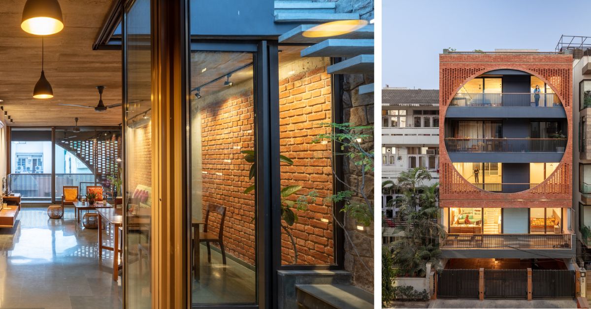 The residential space in Delhi boasts a facade of clay bricks and other sustainable elements,