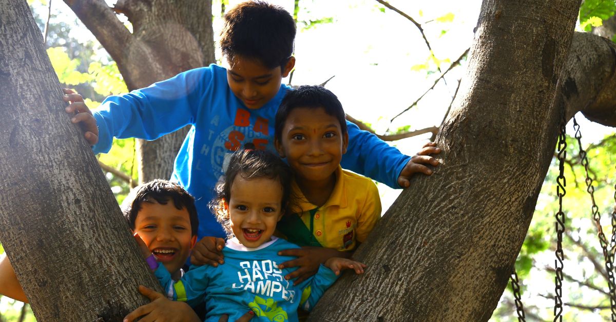 Children being gleeful, having climbed a tree.