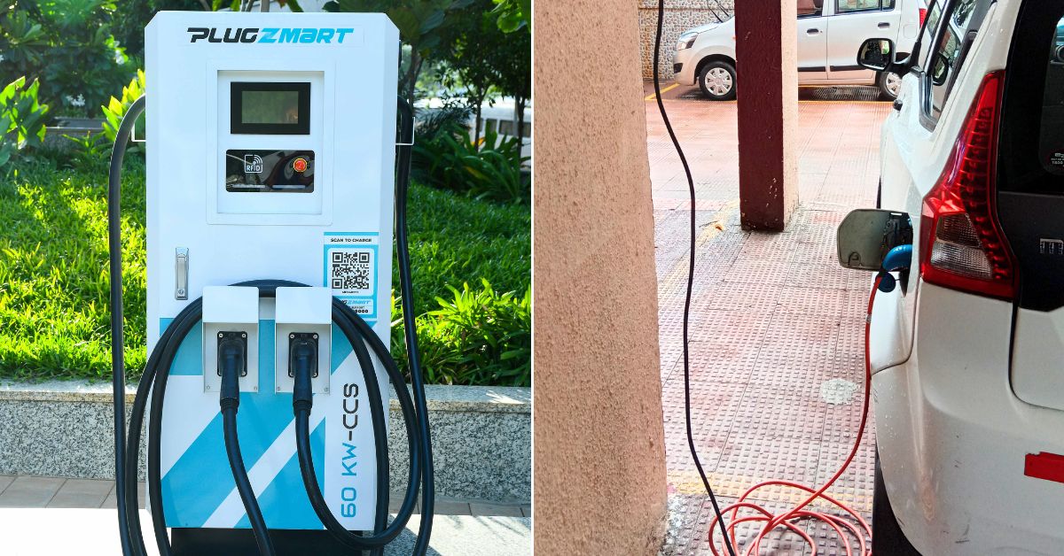 Plugzmart's 60kW Fast Charger on the Left; Representational Image of a car charging on the Right