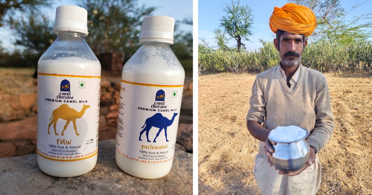 A farmer from the Raika community (R) and Camel Charisma camel milk bottles (L)