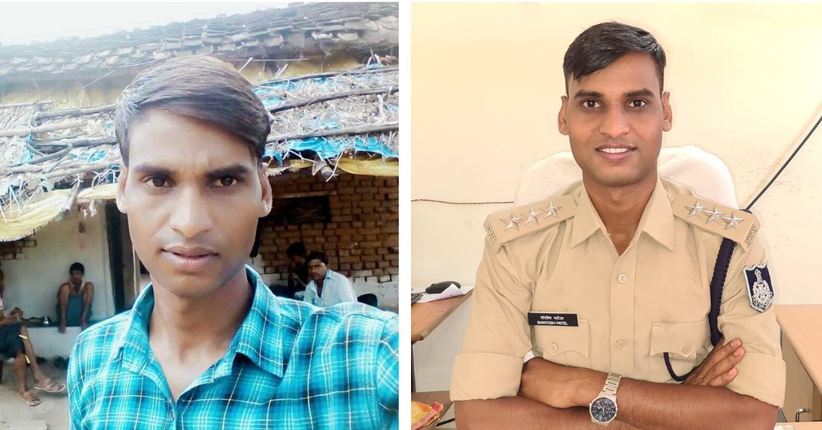 A photo from Santosh's early days living in poverty (L) and a photo of him proudly wearing his police officer uniform (R)