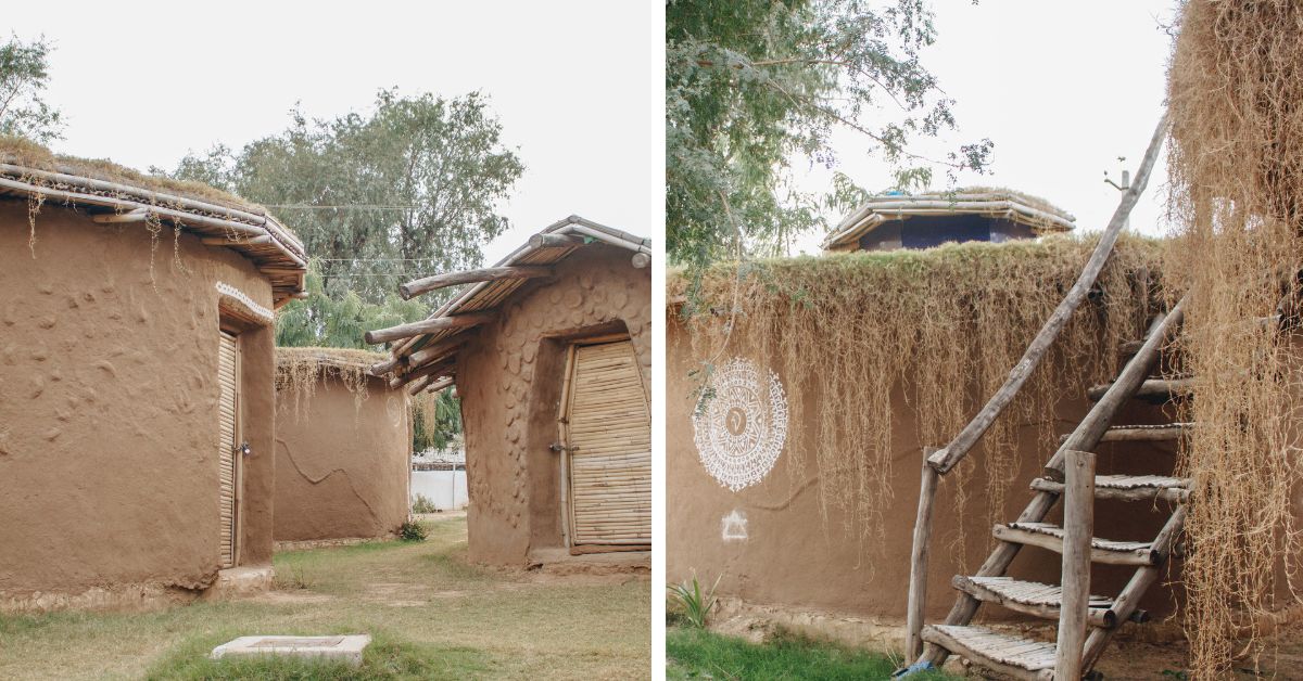 Cottages at Vinyasa Earth; they are built using mud, cow dung, hay and lime 