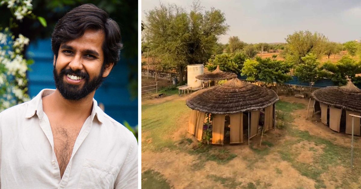 Sankalp Sharma (L) and an aerial view of Vinyasa Earth (R)