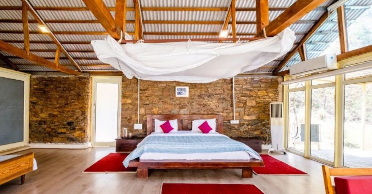 Recycled wood, dry stone and local materials have come together to lend a rustic aesthetic to the cottages at Ashraya on the Ganga