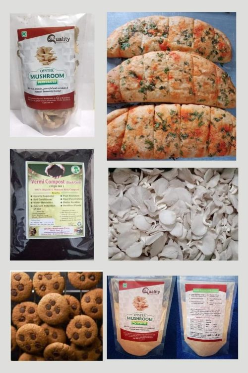 Assorted value-added mushroom products, including mushroom cookies, garlic bread, and cupcakes, freshly prepared and ready for delivery.