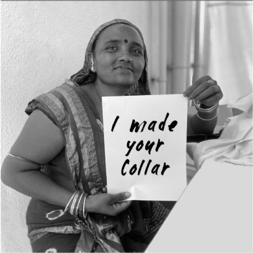 A woman proudly holds a card that reads, "I made your collar," highlighting the personal touch and craftsmanship behind each IndieGood product.