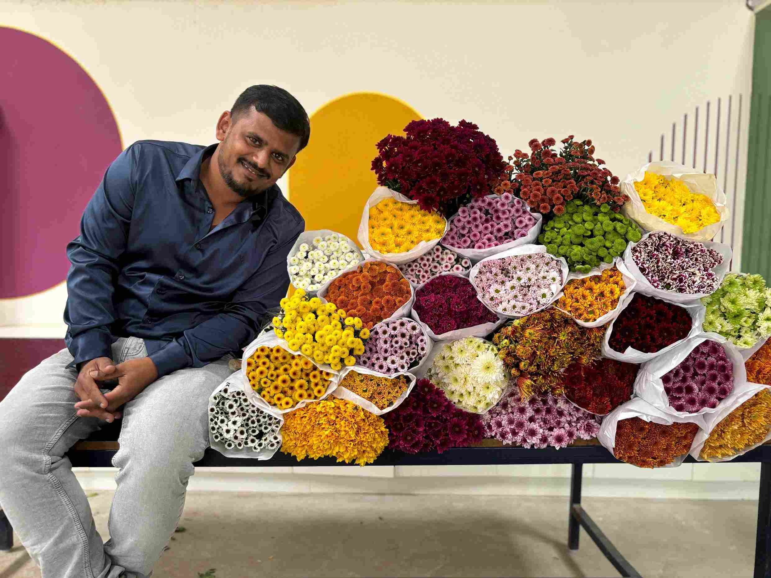 Lohith sells his chrysanthemums to wholesalers and event managers