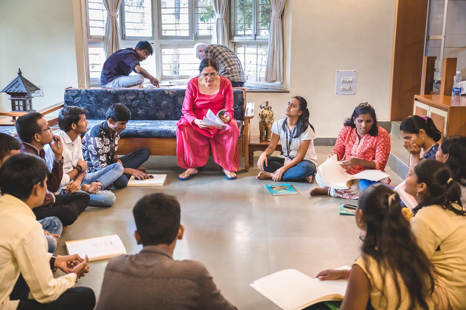 Meera from Pune teaches visually impaired young adults various subjects such as English, History, Psychology, and Economics in a home-based classroom setting.