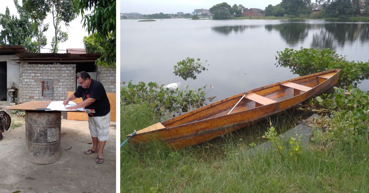 Ravi Deka at work designing the boats (L); A canoe made of bamboo composites (R)