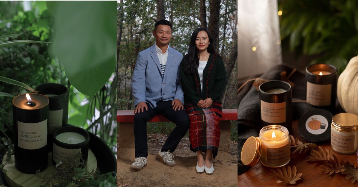 Rinchon Kashung and Aleks Vashum sell scented soy wax candles in traditional Longpi jars through their venture 'October Pumpkin'.