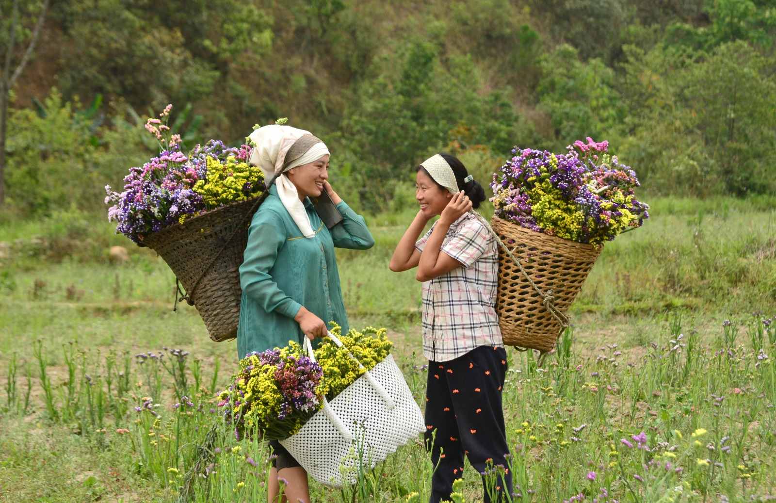  Two women, Chokhone and her farming partner, carry baskets of flowers in a vibrant field, showcasing their agricultural work.