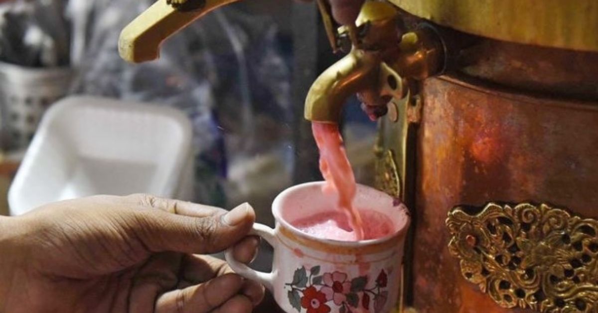 Kashmiri noon chai can be distinguished by its pink colour which is the result of baking soda reacting with the tea leaves