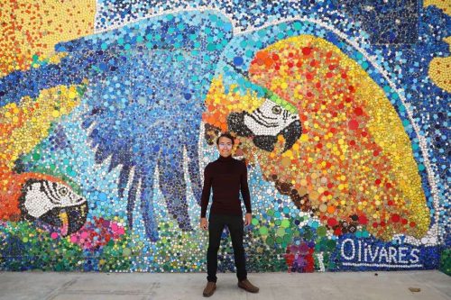 Venezuelan artist Oscar Olivares is known for his massive murals made from recycled bottle caps.