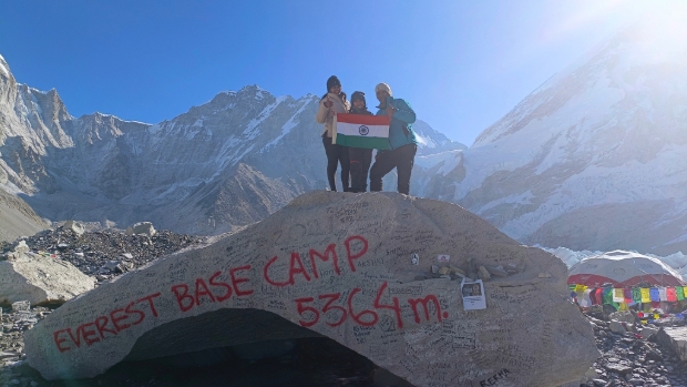 Samya along with her family at the Everest Base Camp.