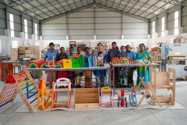 a display of toys manufactured by Woodbee toys